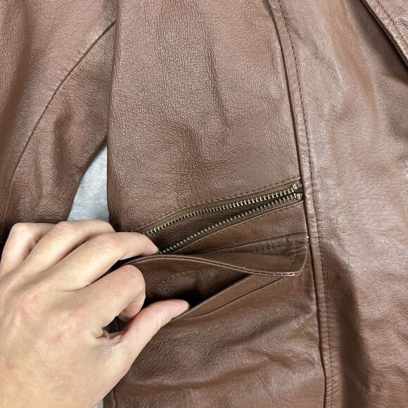 Vtg Leather Jacket Women 14 Petite Brown Blazer Classic Grunge Biker Hipster Y2K - Picture 4 of 11